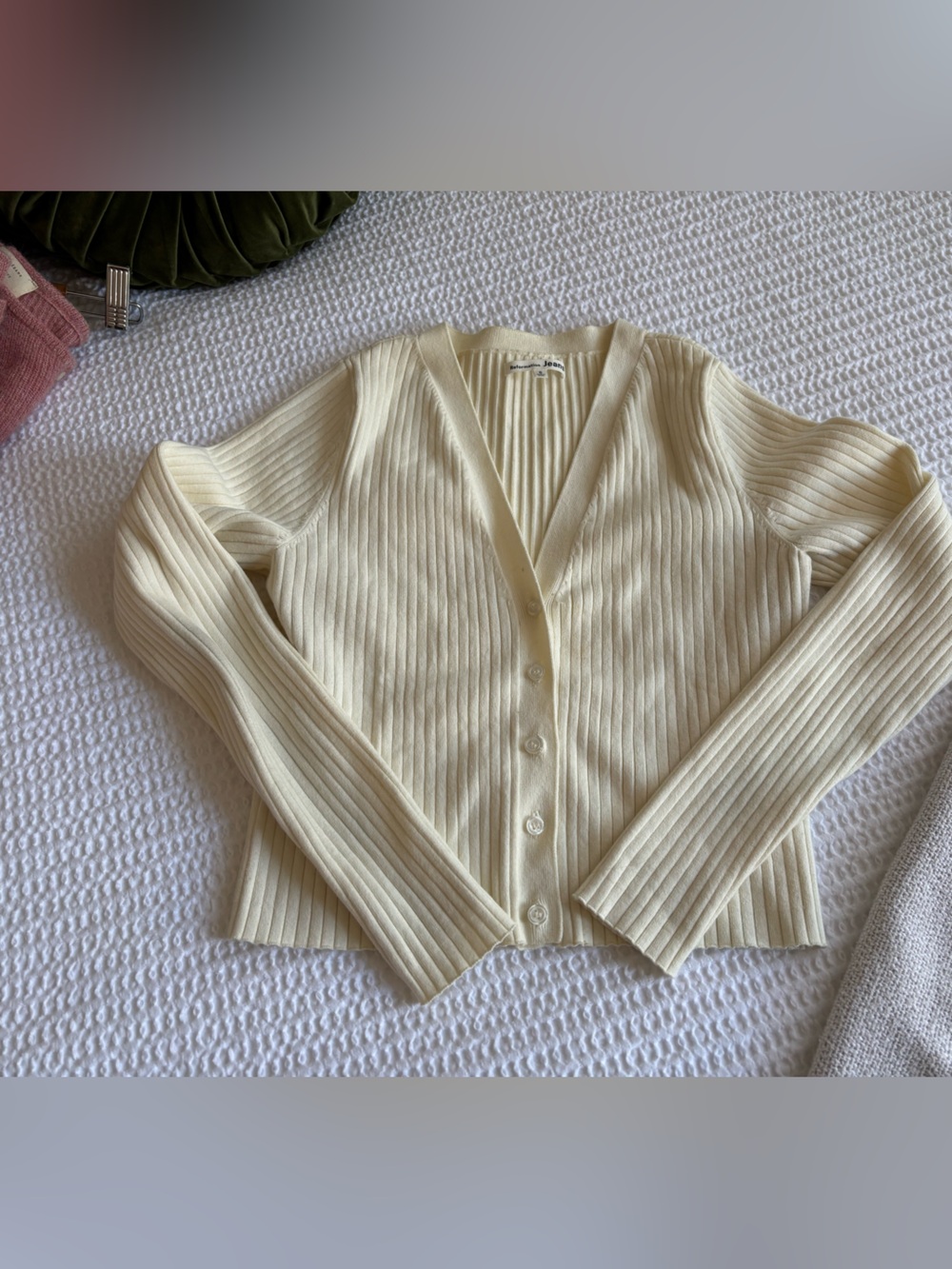 Reformation Cropped Ribbed V-Neck Button Cardigan - Cream